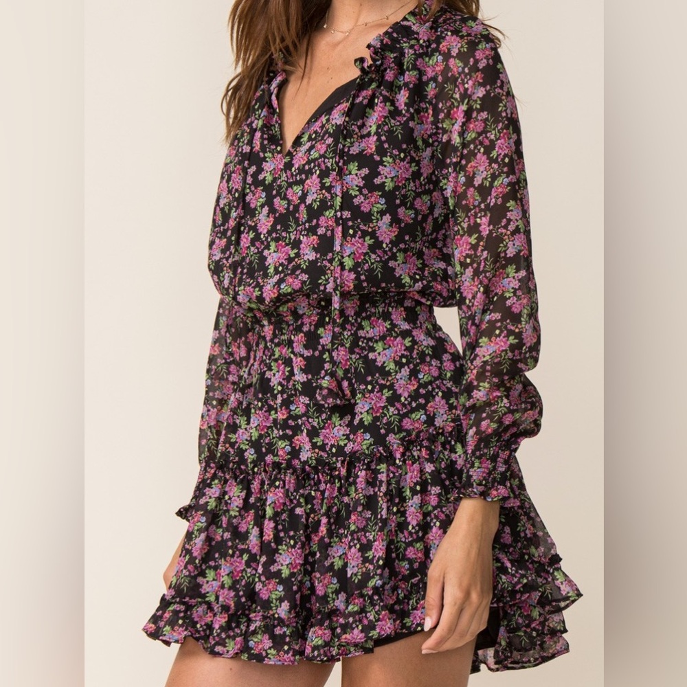 Sky to Moon pink and black flower long sleeve mini dress